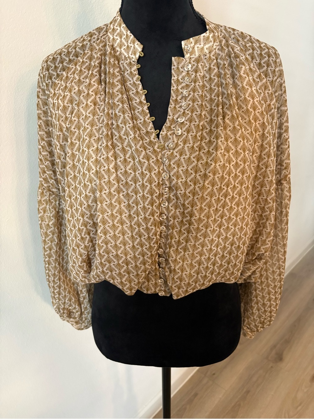 Beige Patterned Long-Sleeve Button Blouse